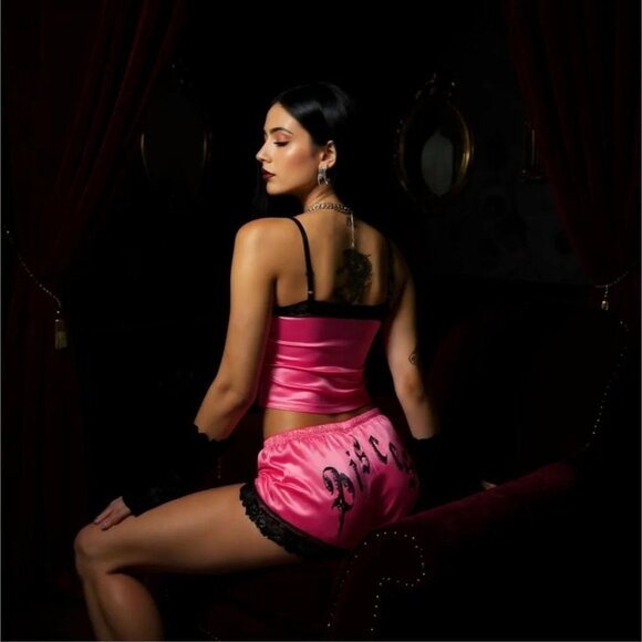 Pink Horoscope Skull Satin Pajama Set w/ Lace Trim by Horoscopez – Dream Ritual - Picture 2 of 3
